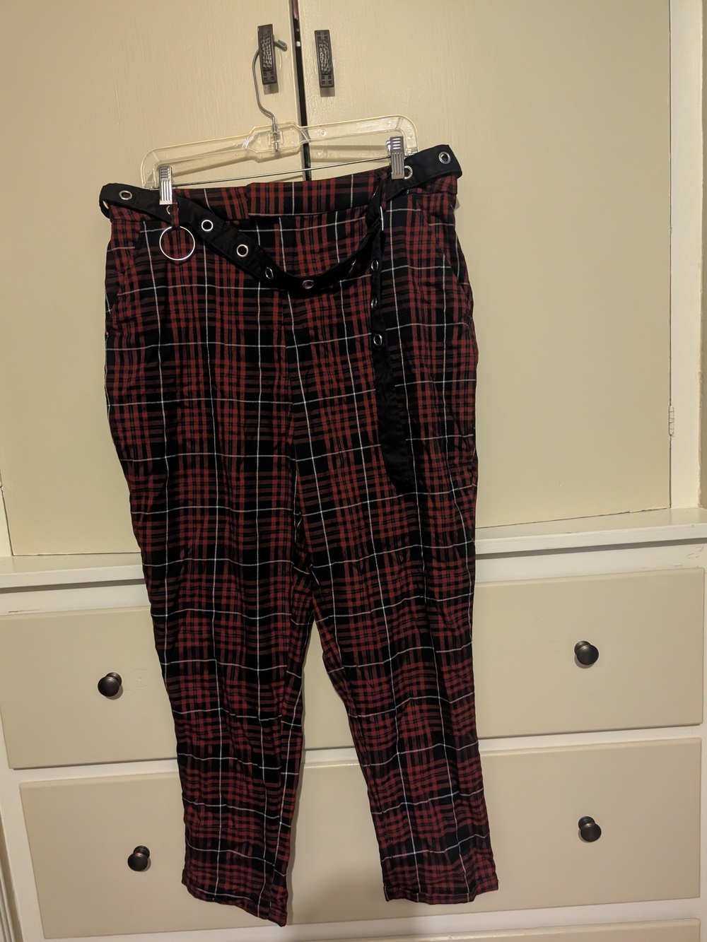 Women's Red Plaid Tapered Pants with Black Grommet Belt